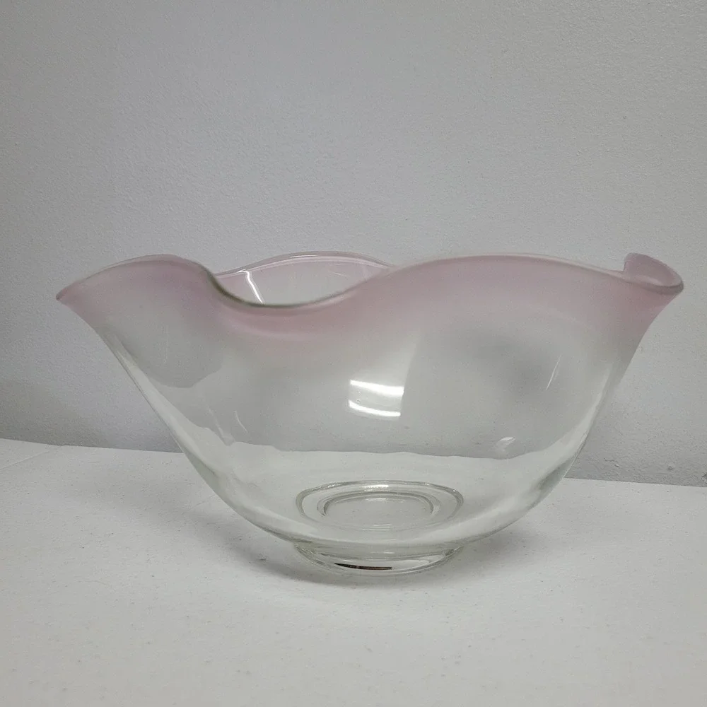 Vintage Hand Blown Clear Glass Ruffle Bowl with Pink Rim Edge 10 Inch